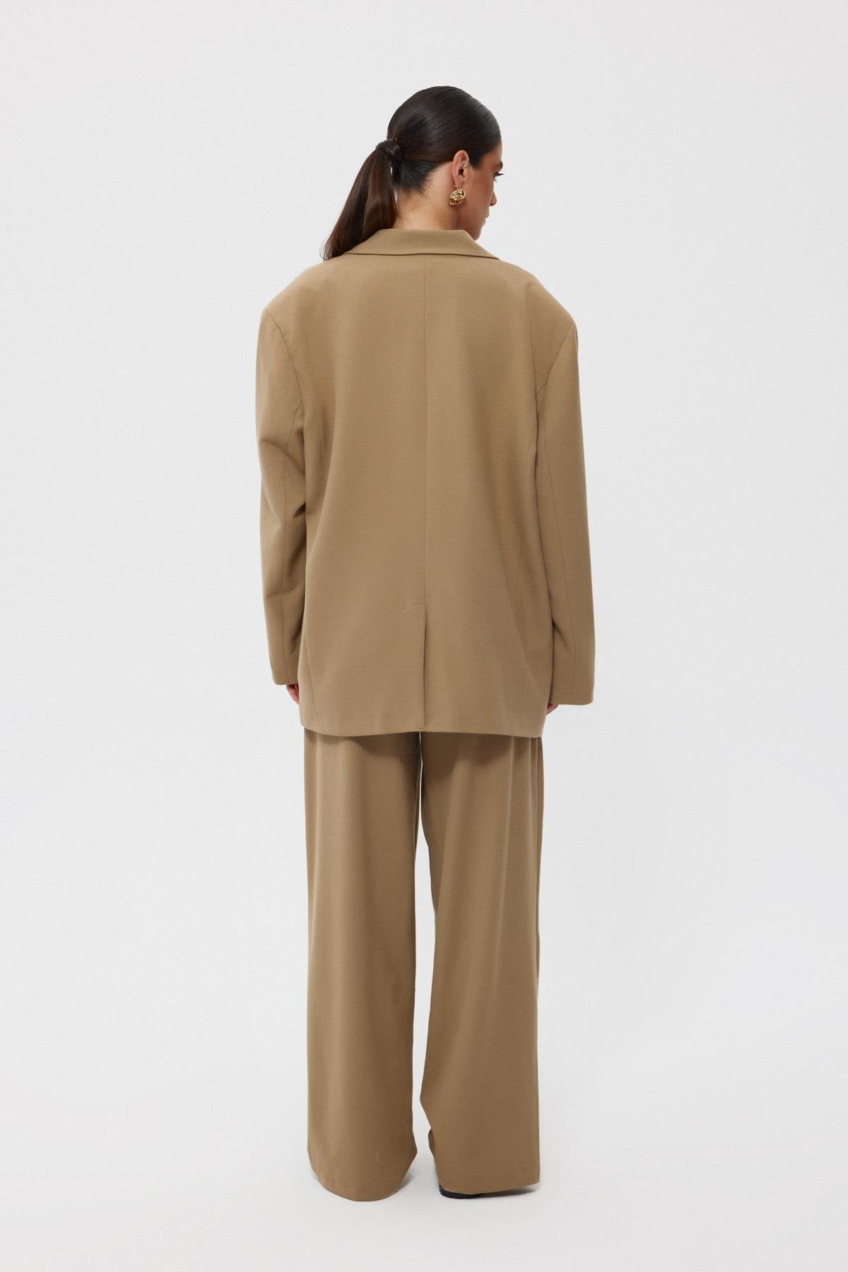 Camel Pleated Front Elastic Back Palazzo Trousers - Lebbse