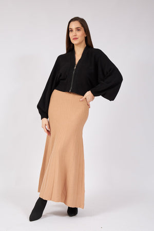 موديلات تنورة طويلة تريكو سميك لون جملي - Camel Thick Corduroy Knit Skirt