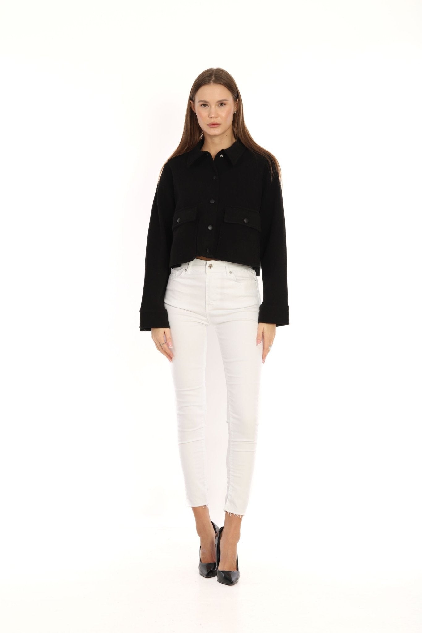 3- قميص كشمير نسائي قصير أسود - Cashmere Crop Shirt - BLACK