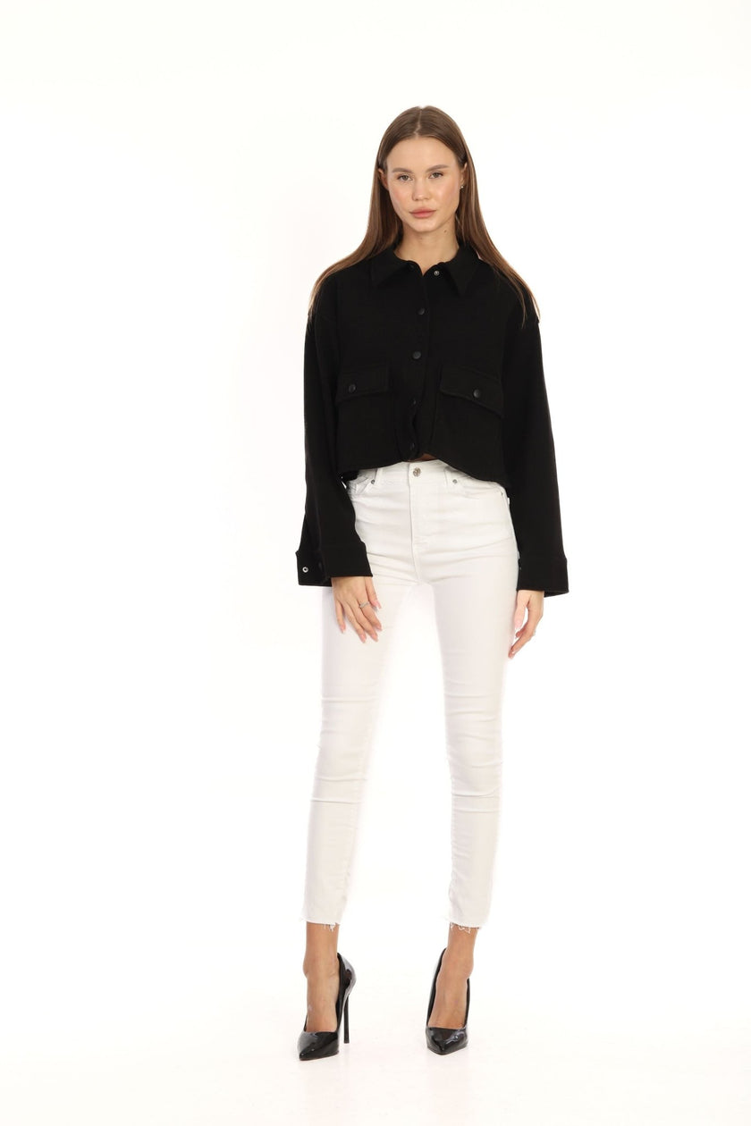 5- قميص كشمير نسائي قصير أسود - Cashmere Crop Shirt - BLACK