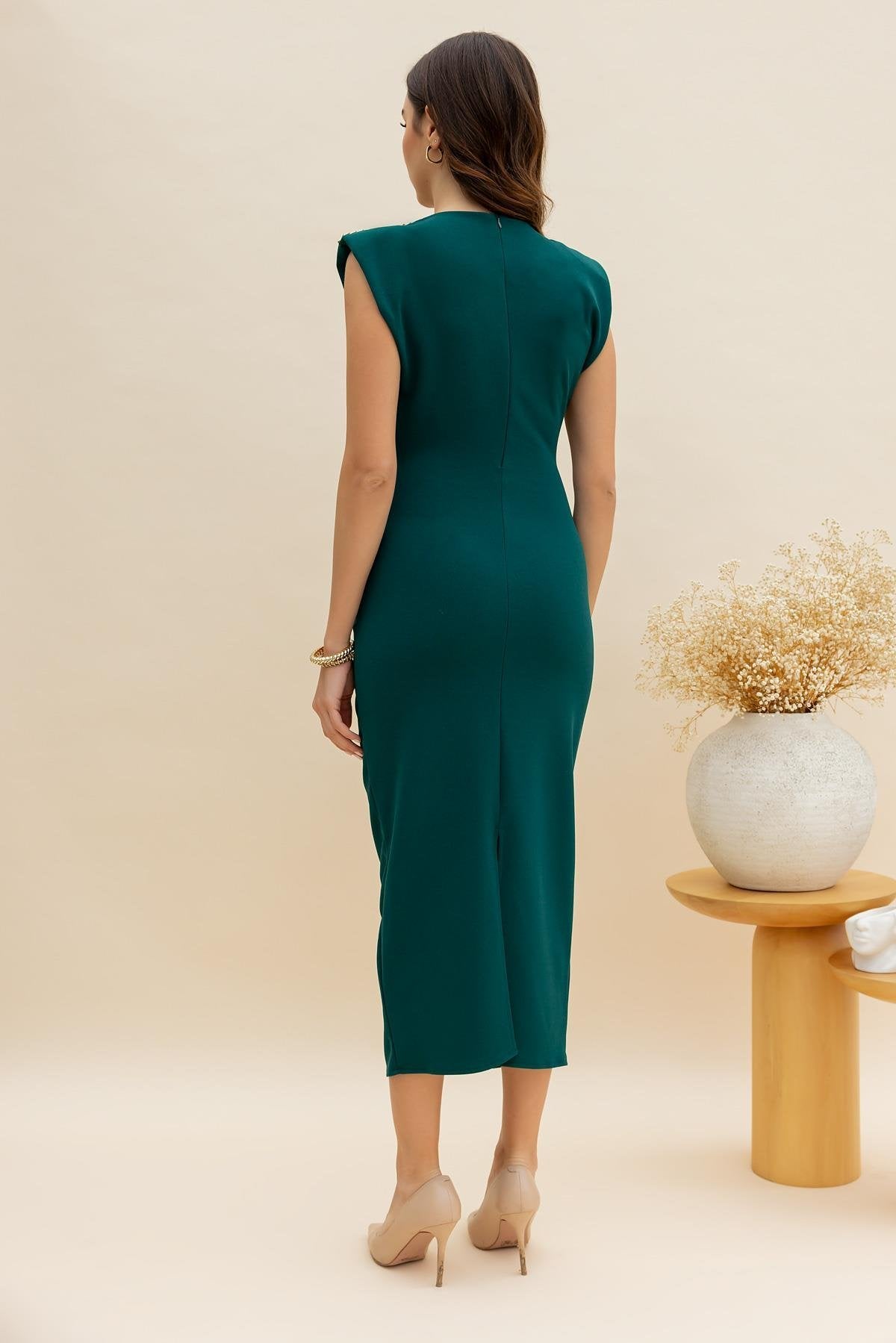 Chain Detail Midi Dress - EMERALD GREEN - Lebbse