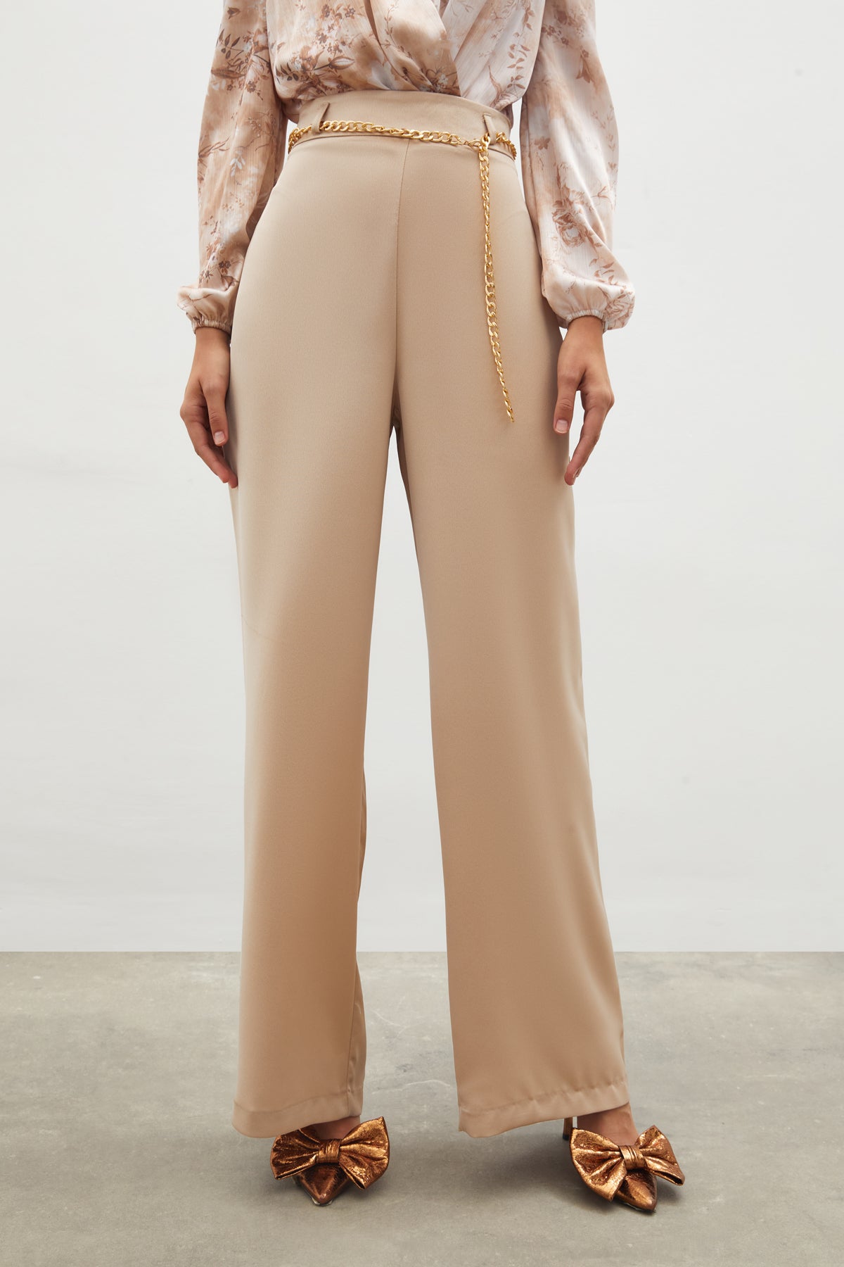 Chain Satin Crepe Trousers - BEIGE - Lebbse