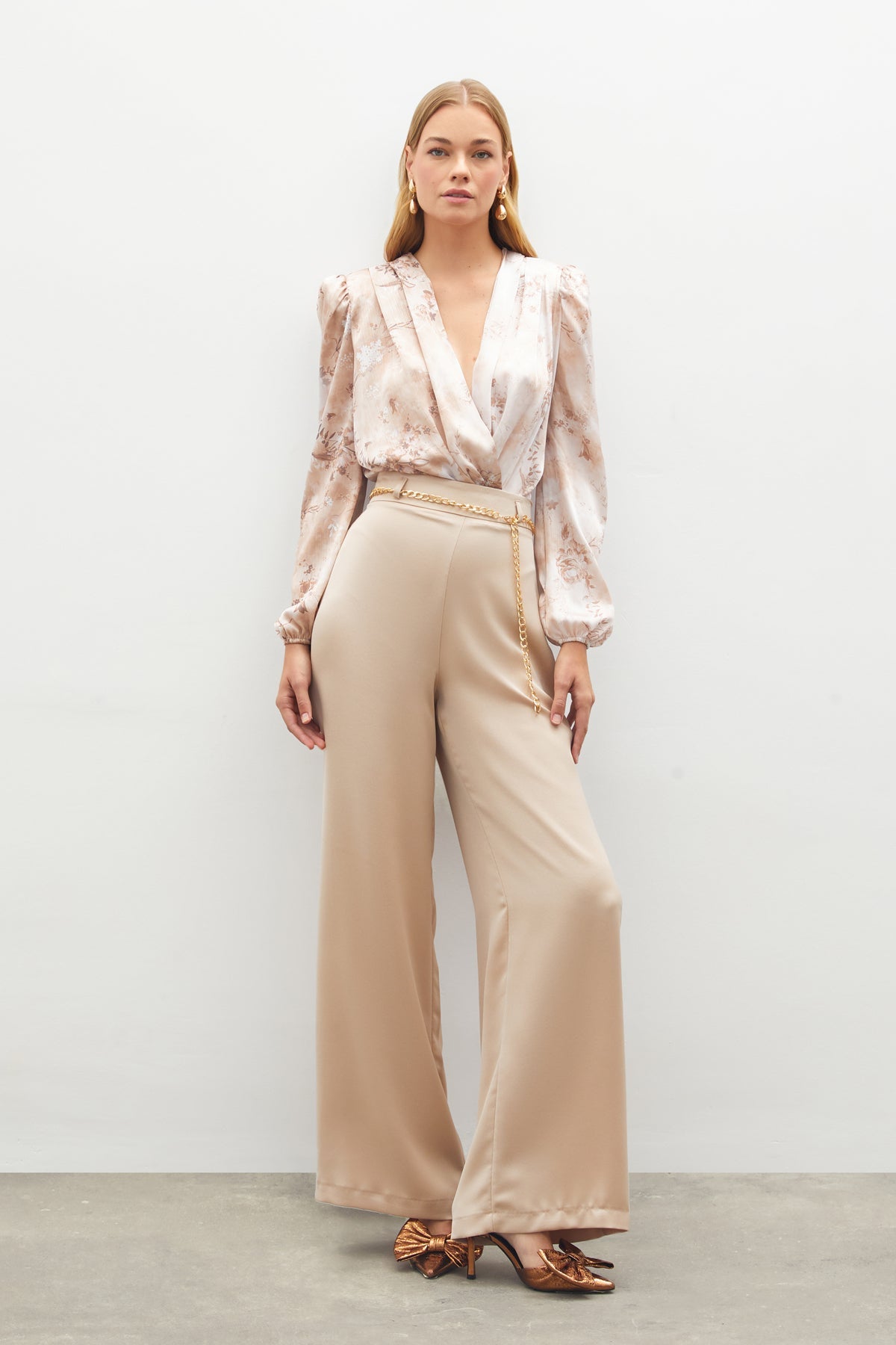 Chain Satin Crepe Trousers - BEIGE - Lebbse