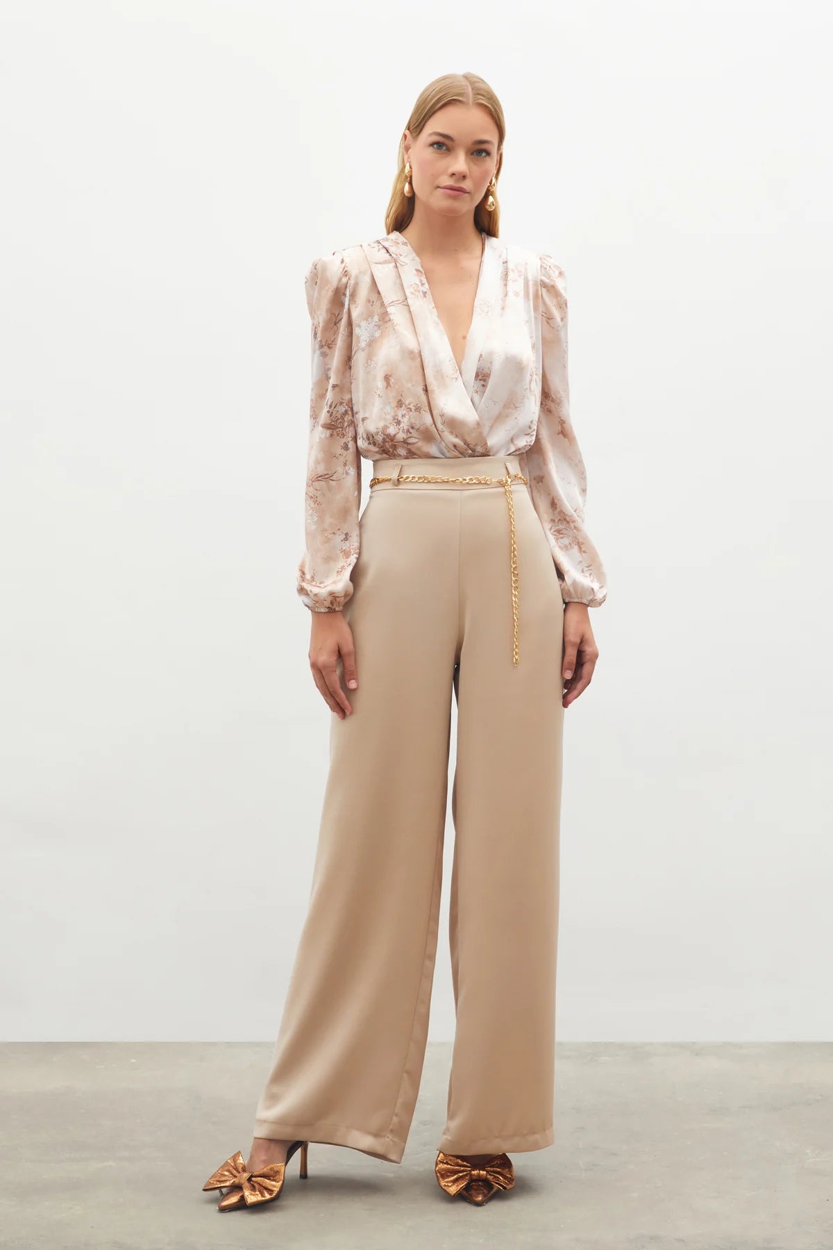 Chain Satin Crepe Trousers - BEIGE - Lebbse