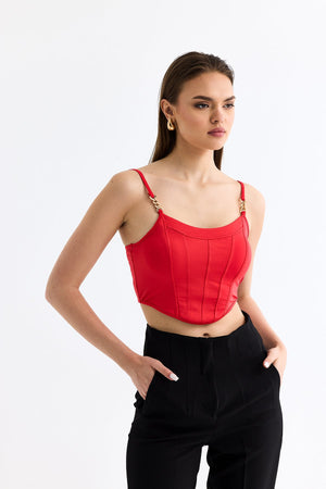 بلوزة كت نسائي رياضية لون أحمر مع حزام على الاكتاف - Chain Strap Athlete Red