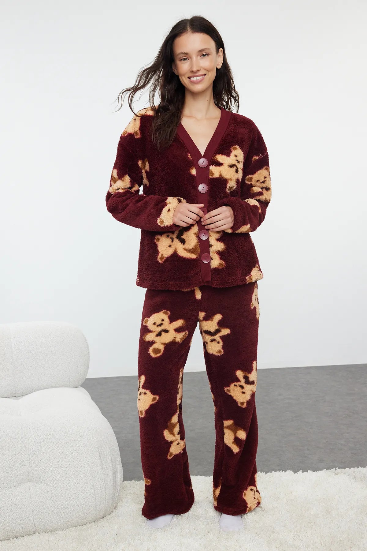 Claret Red Teddy Bear Patterned Wellsoft Winter Knitted Pajama Set - Lebbse