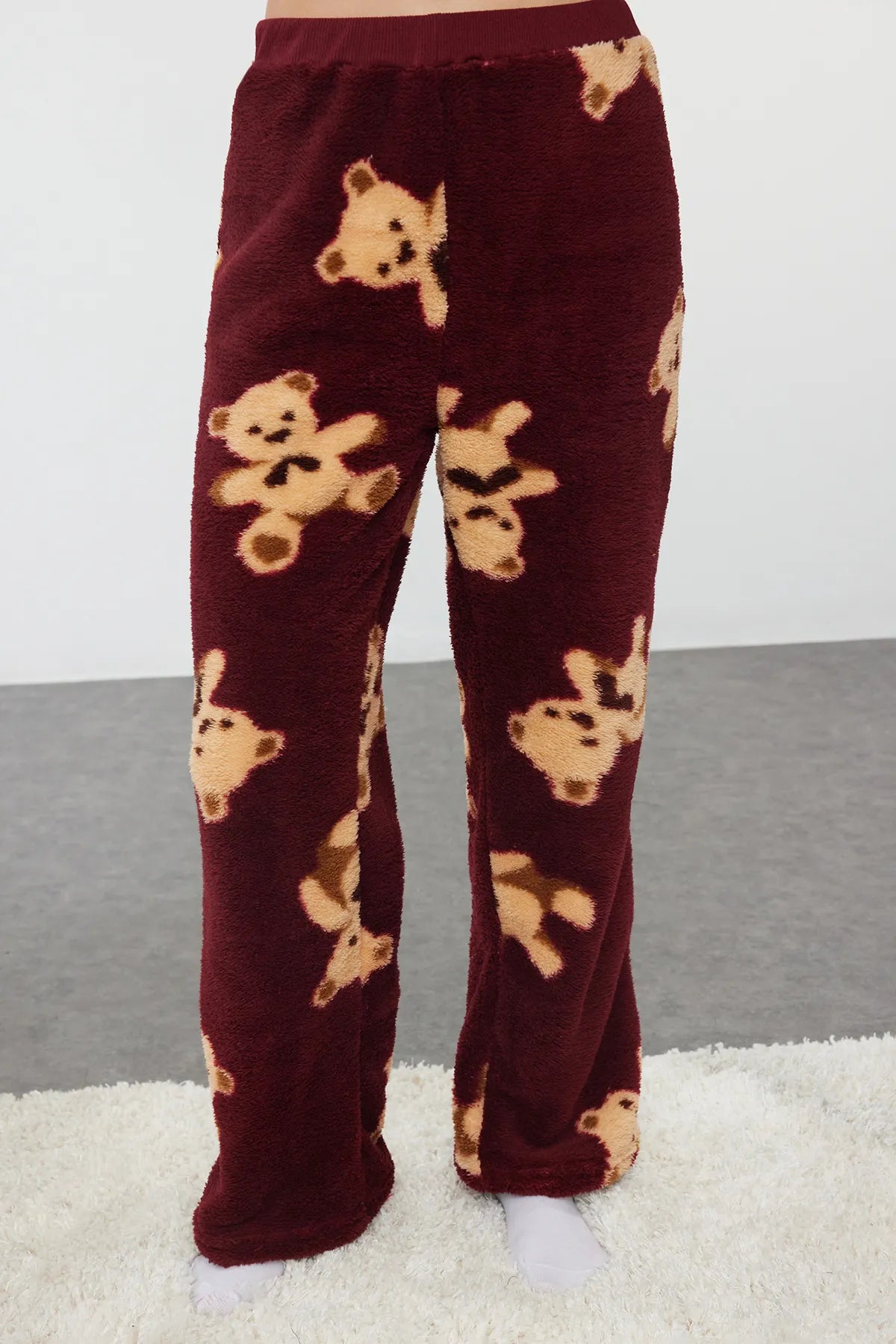 Claret Red Teddy Bear Patterned Wellsoft Winter Knitted Pajama Set - Lebbse