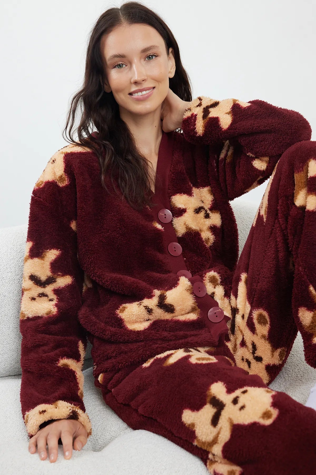 Claret Red Teddy Bear Patterned Wellsoft Winter Knitted Pajama Set - Lebbse