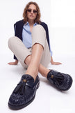 Marston – Navy Crinkled Patent Tassel Loafers