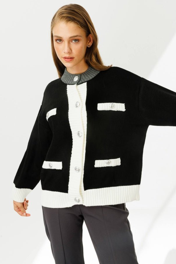 Color Block Black Cardigan - Lebbse