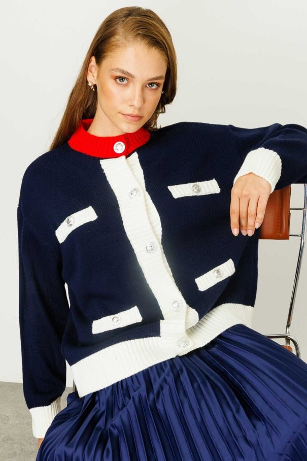 Color Block Navy Blue Cardigan - Lebbse