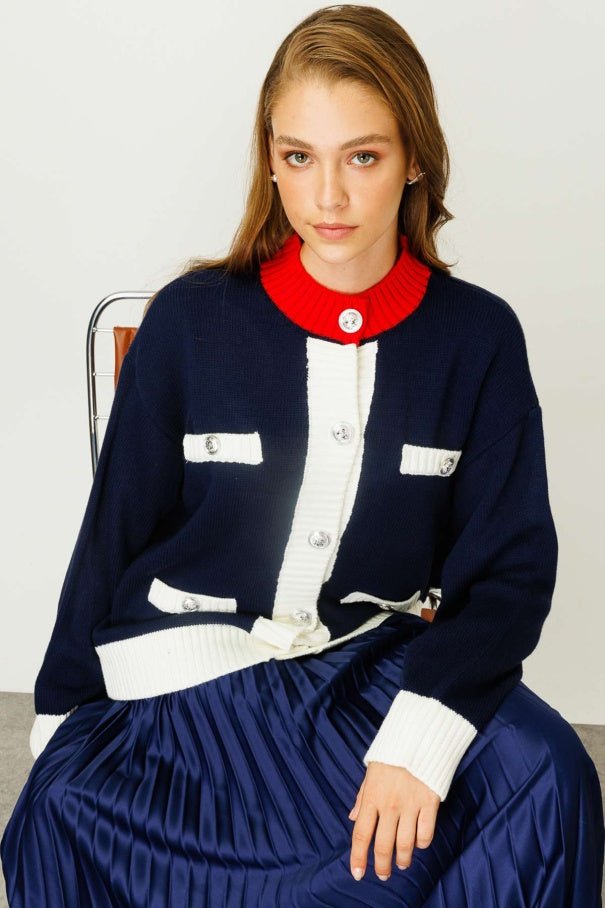 Color Block Navy Blue Cardigan - Lebbse