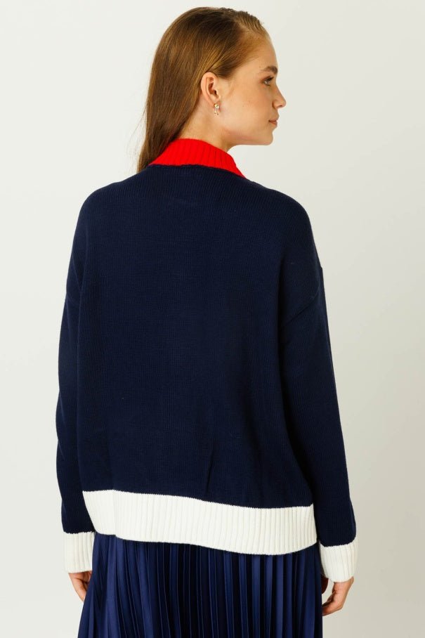 Color Block Navy Blue Cardigan - Lebbse