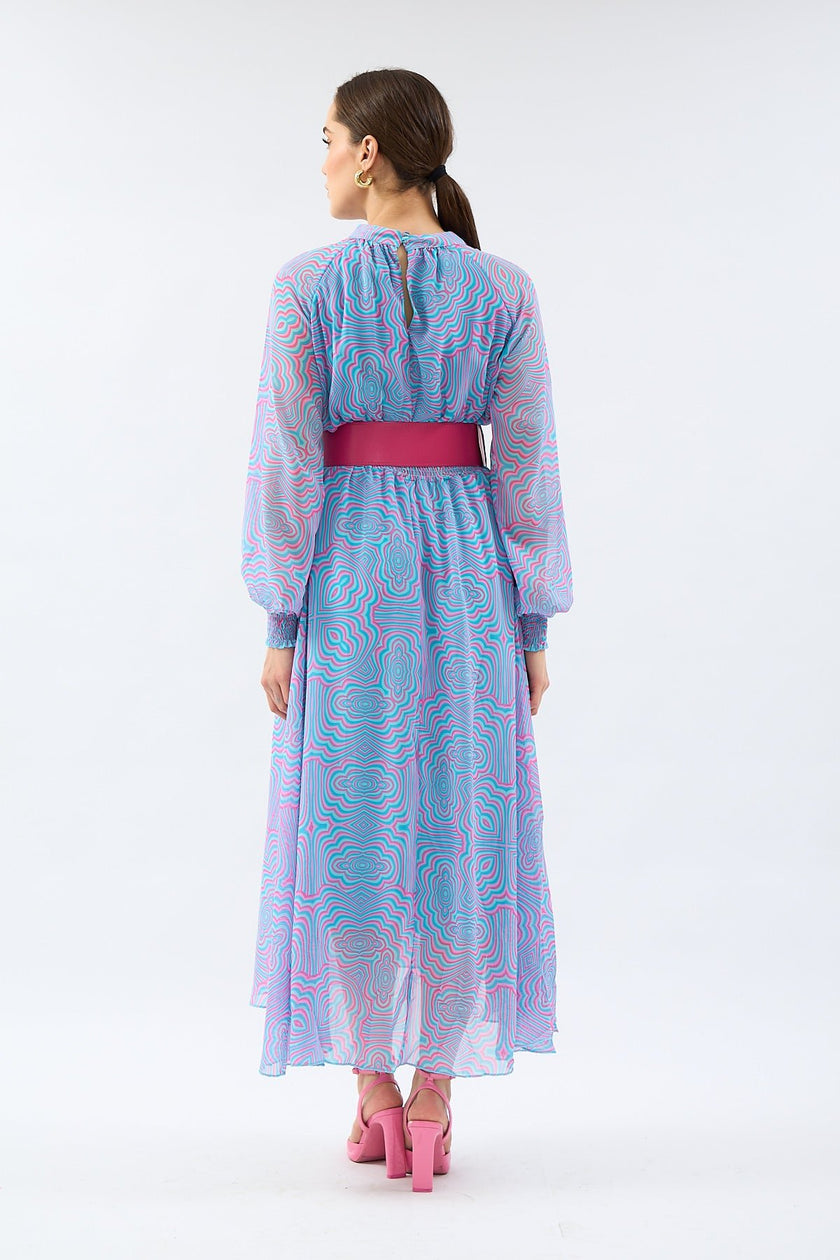 اروع موديلات اكمام فساتين طويله ميدي منقوش ملون - COLORFUL PATTERNED LONG SLEEVE MIDI DRESS