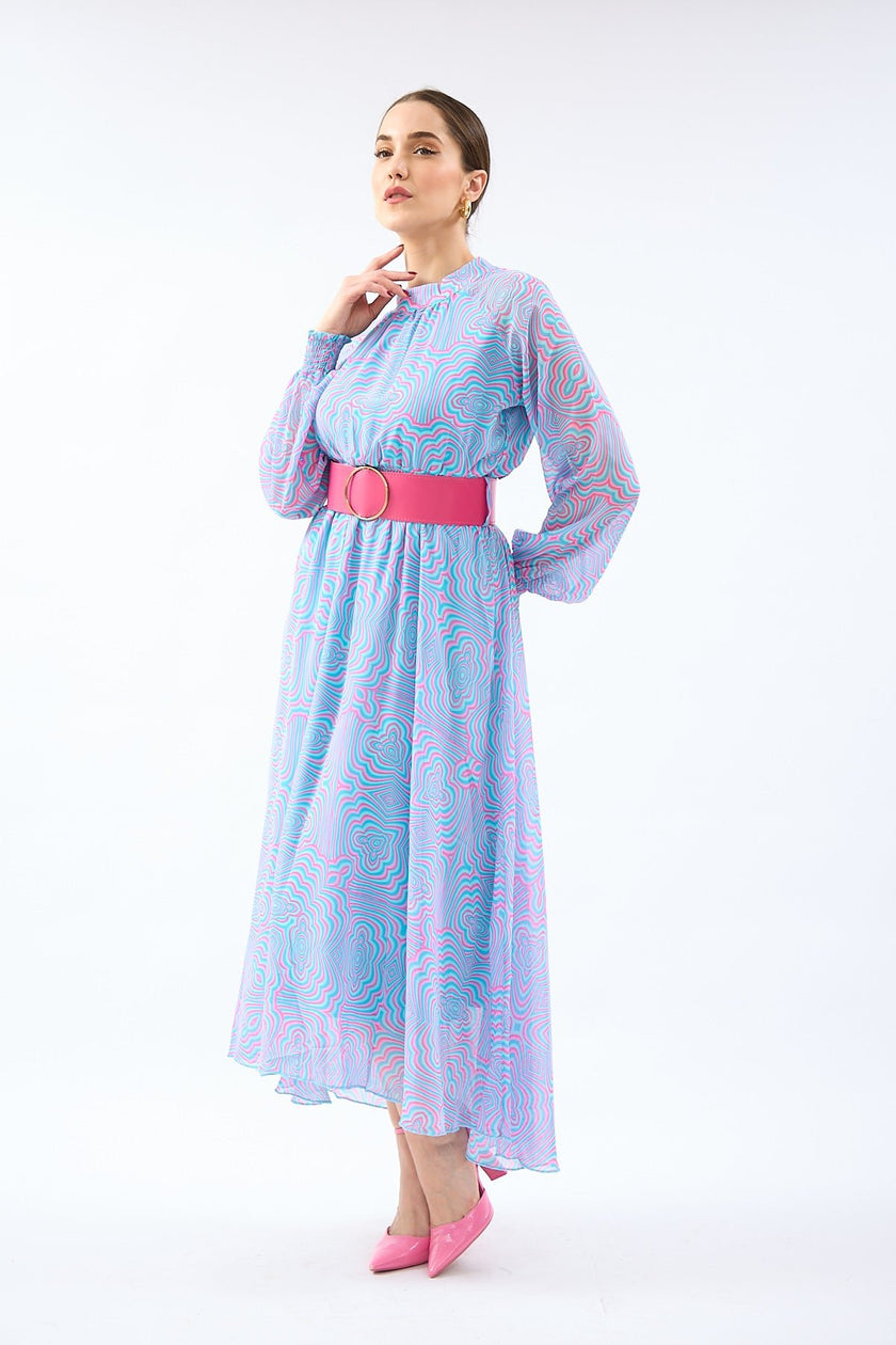 اجمل موديلات اكمام فساتين طويله ميدي منقوش ملون - COLORFUL PATTERNED LONG SLEEVE MIDI DRESS