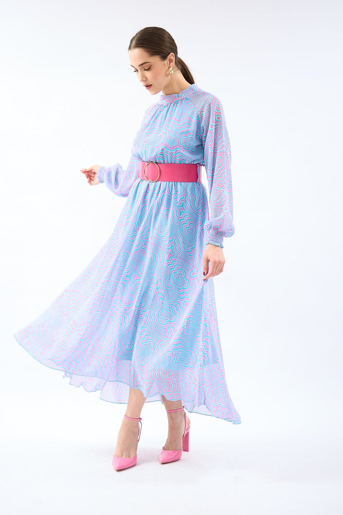 موديلات اكمام فساتين طويله ميدي منقوش ملون - COLORFUL PATTERNED LONG SLEEVE MIDI DRESS