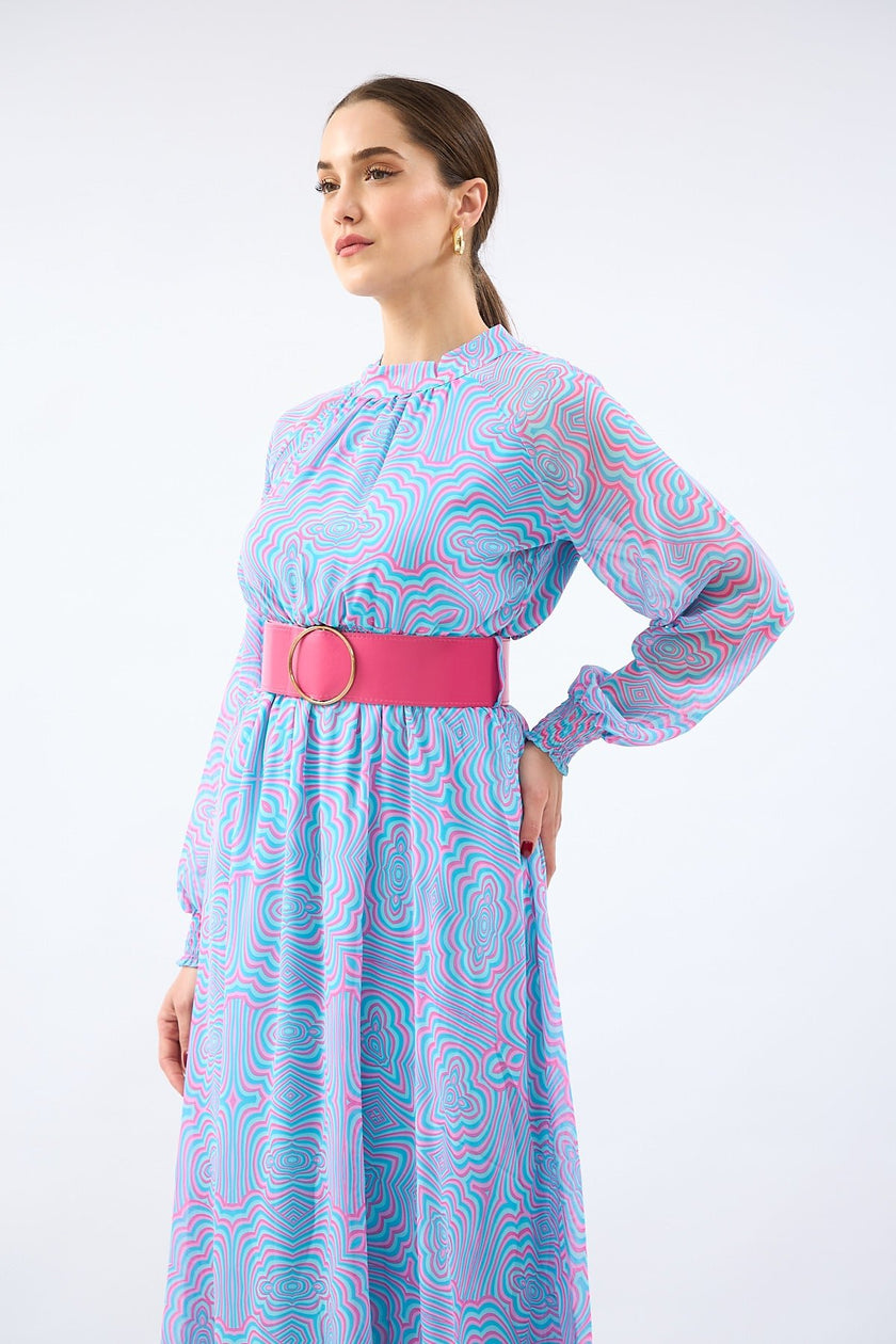 افضل موديلات اكمام فساتين طويله ميدي منقوش ملون - COLORFUL PATTERNED LONG SLEEVE MIDI DRESS