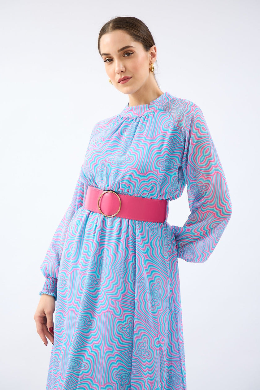 أفضل موديلات اكمام فساتين طويله ميدي منقوش ملون - COLORFUL PATTERNED LONG SLEEVE MIDI DRESS