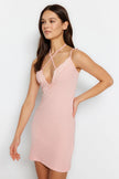 Corded Cotton Knitted Nightgown with Powder Lace and Tie Detail - Lebbse