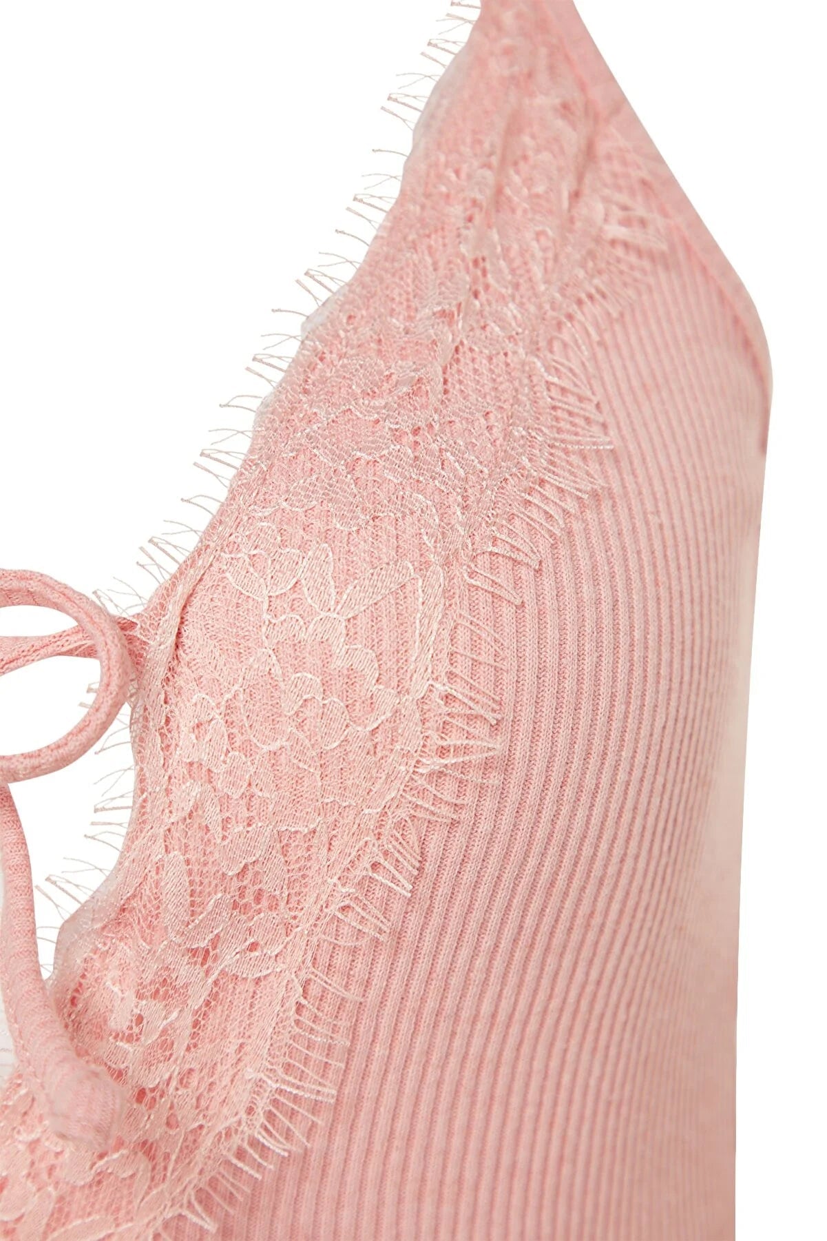 Corded Cotton Knitted Nightgown with Powder Lace and Tie Detail - Lebbse