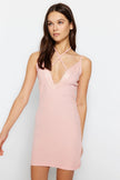 Corded Cotton Knitted Nightgown with Powder Lace and Tie Detail - Lebbse