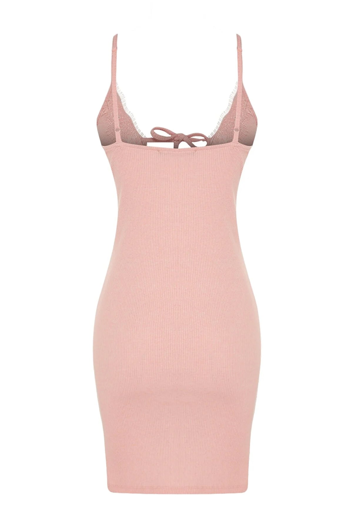 Corded Cotton Knitted Nightgown with Powder Lace and Tie Detail - Lebbse