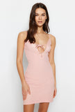 Corded Cotton Knitted Nightgown with Powder Lace and Tie Detail - Lebbse