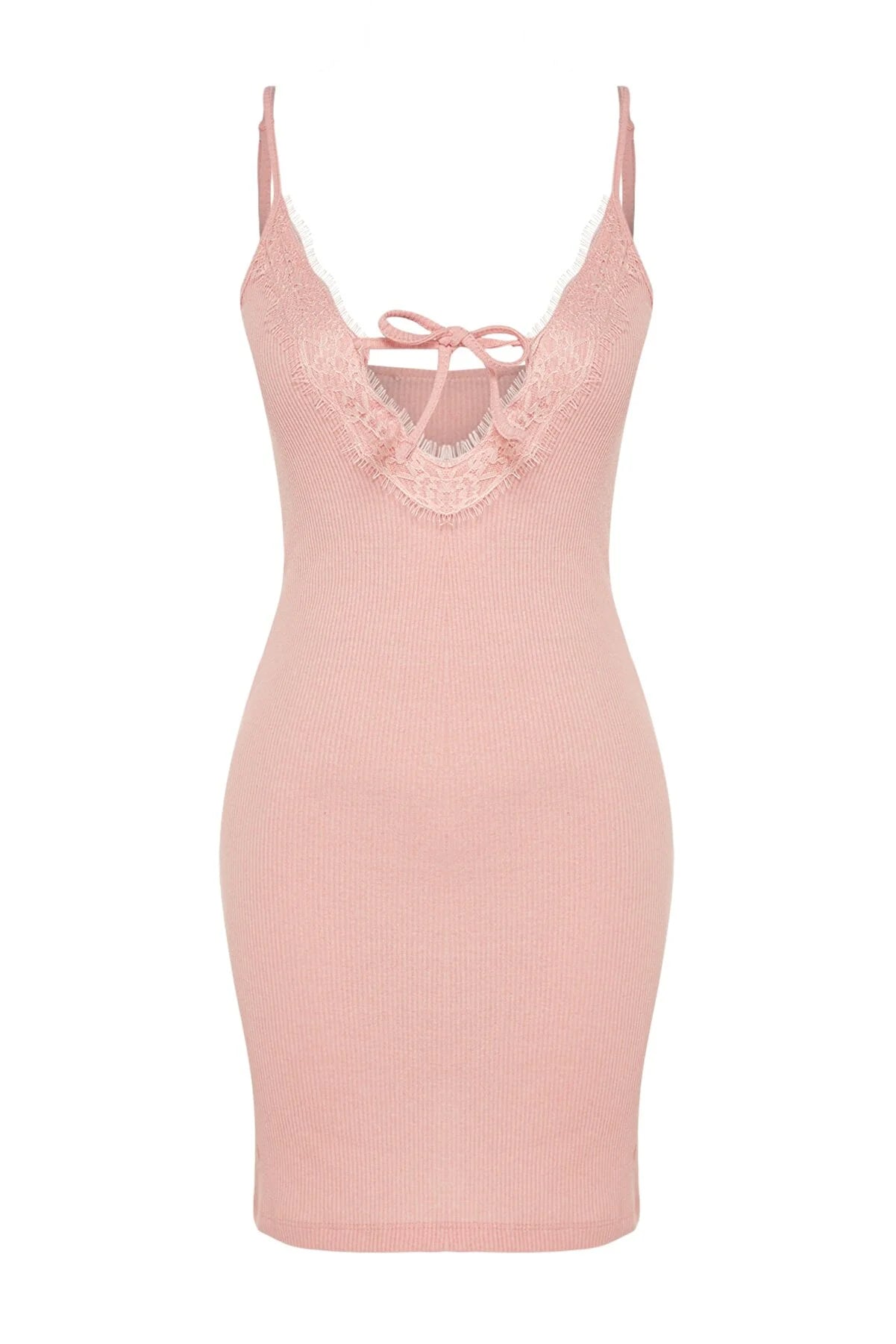 Corded Cotton Knitted Nightgown with Powder Lace and Tie Detail - Lebbse