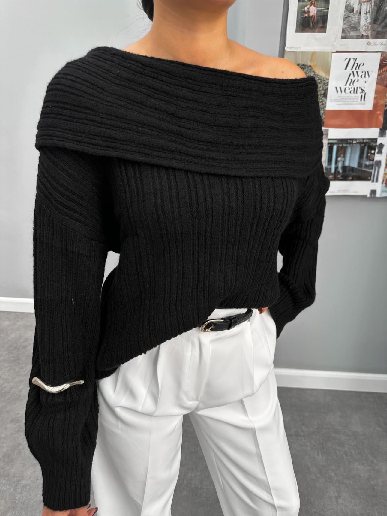 Cowl Collar Ribbed Sweater - Lebbse