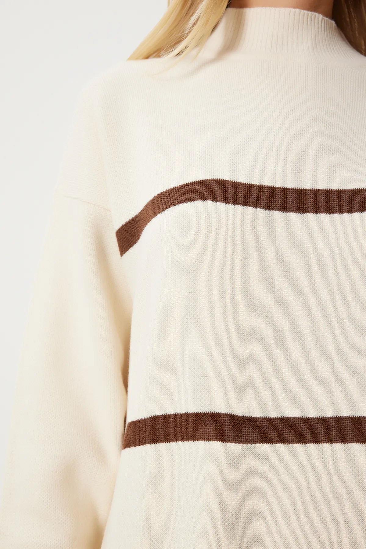 Cream Brown Thick Striped Loose Knit Dress - Lebbse