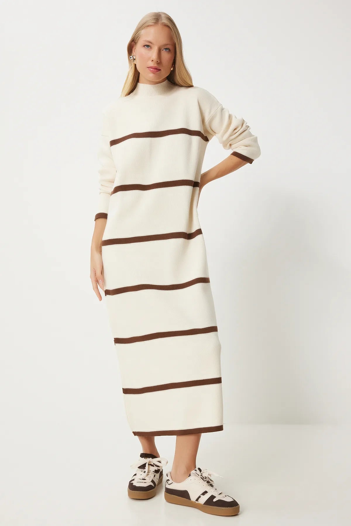 Cream Brown Thick Striped Loose Knit Dress - Lebbse