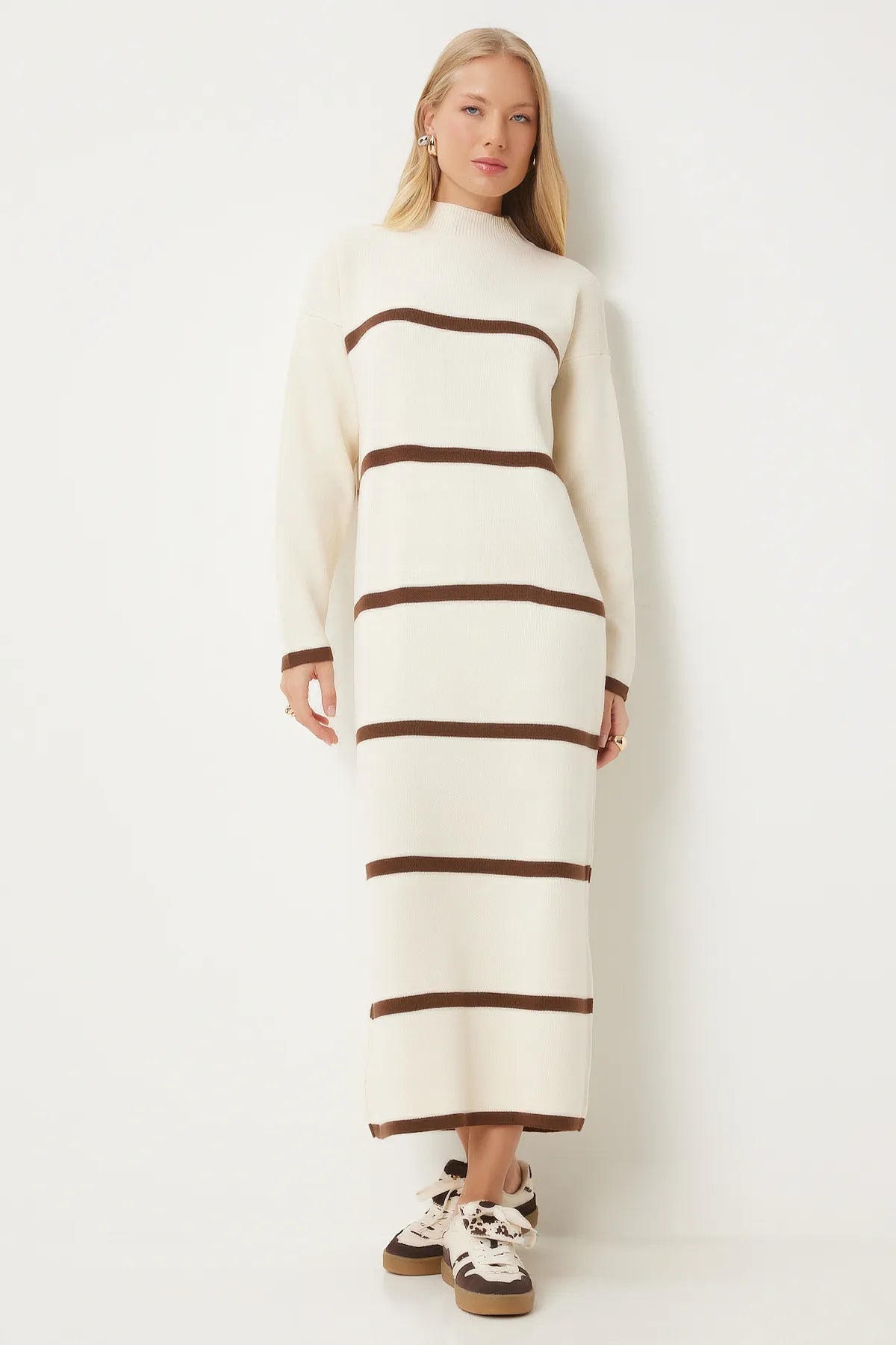 Cream Brown Thick Striped Loose Knit Dress - Lebbse