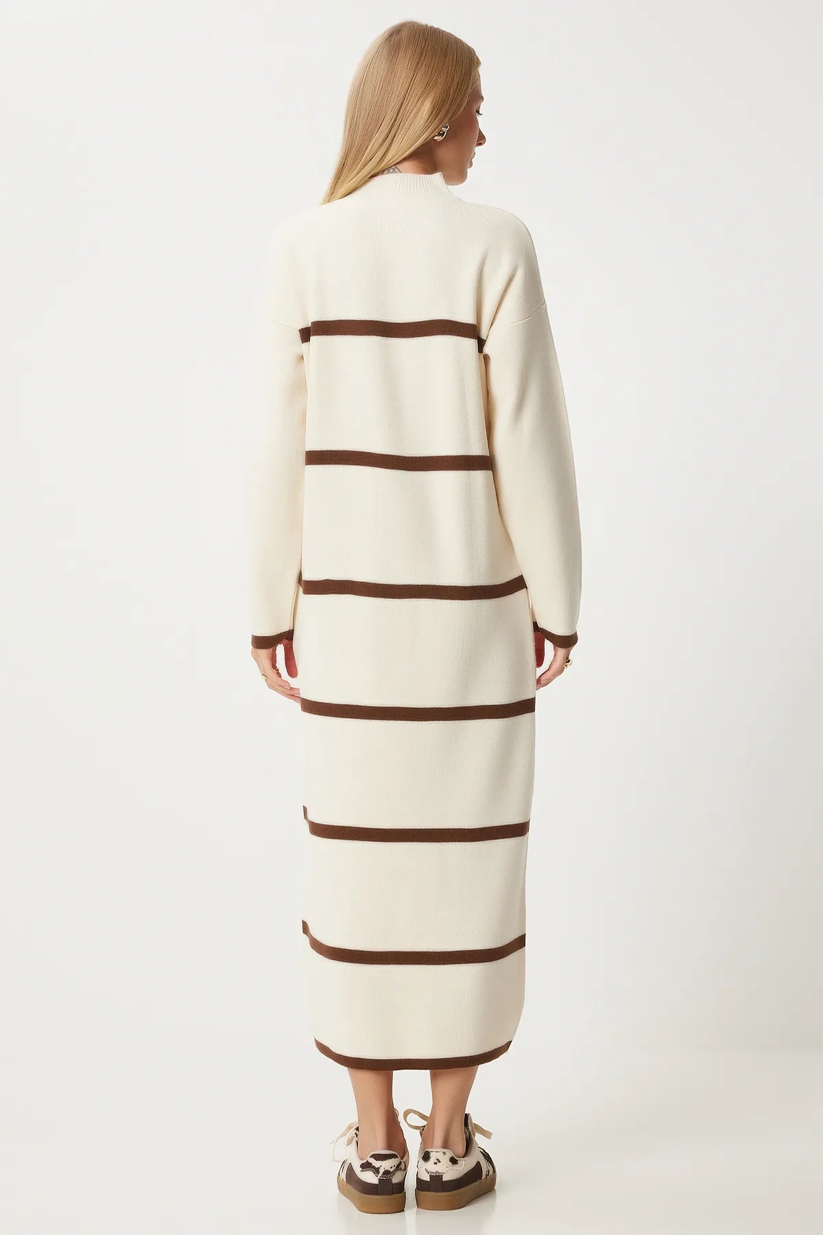 Cream Brown Thick Striped Loose Knit Dress - Lebbse