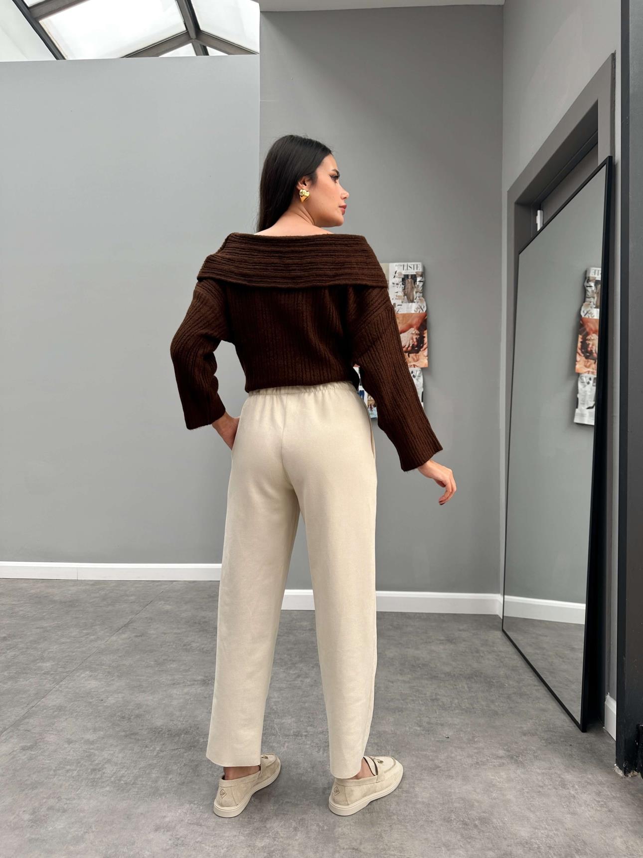 Cream Elastic Waist Suede Trousers - Lebbse