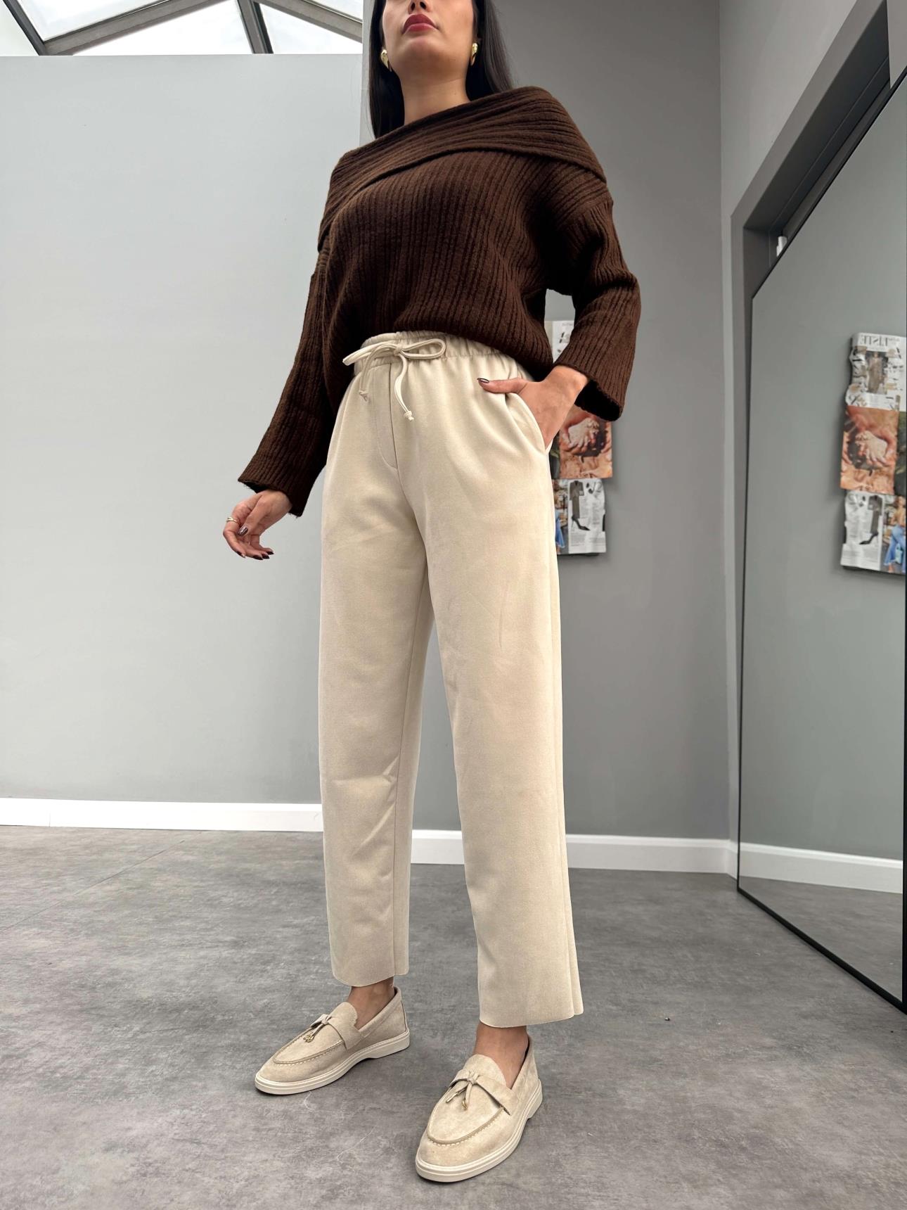 Cream Elastic Waist Suede Trousers - Lebbse