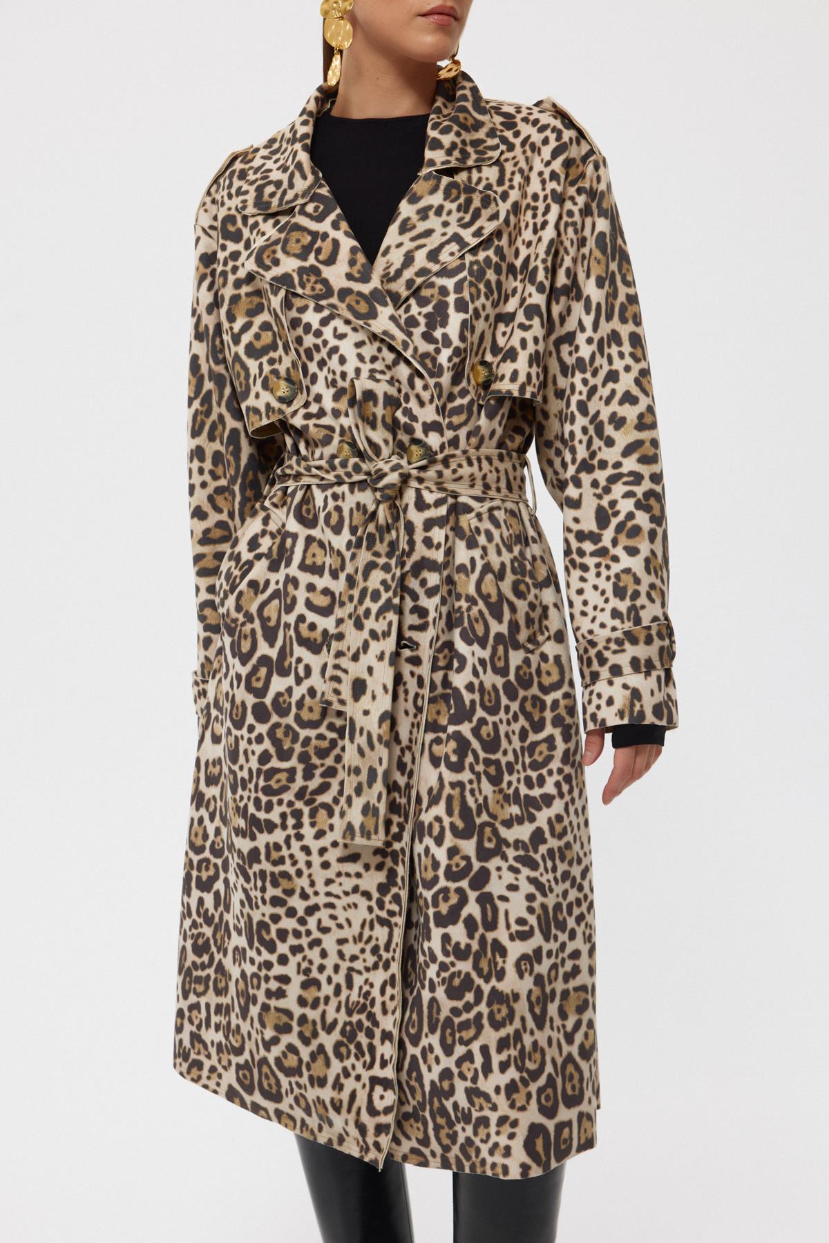 Cream Leopard Belted Back Slit Trench Coat - Lebbse