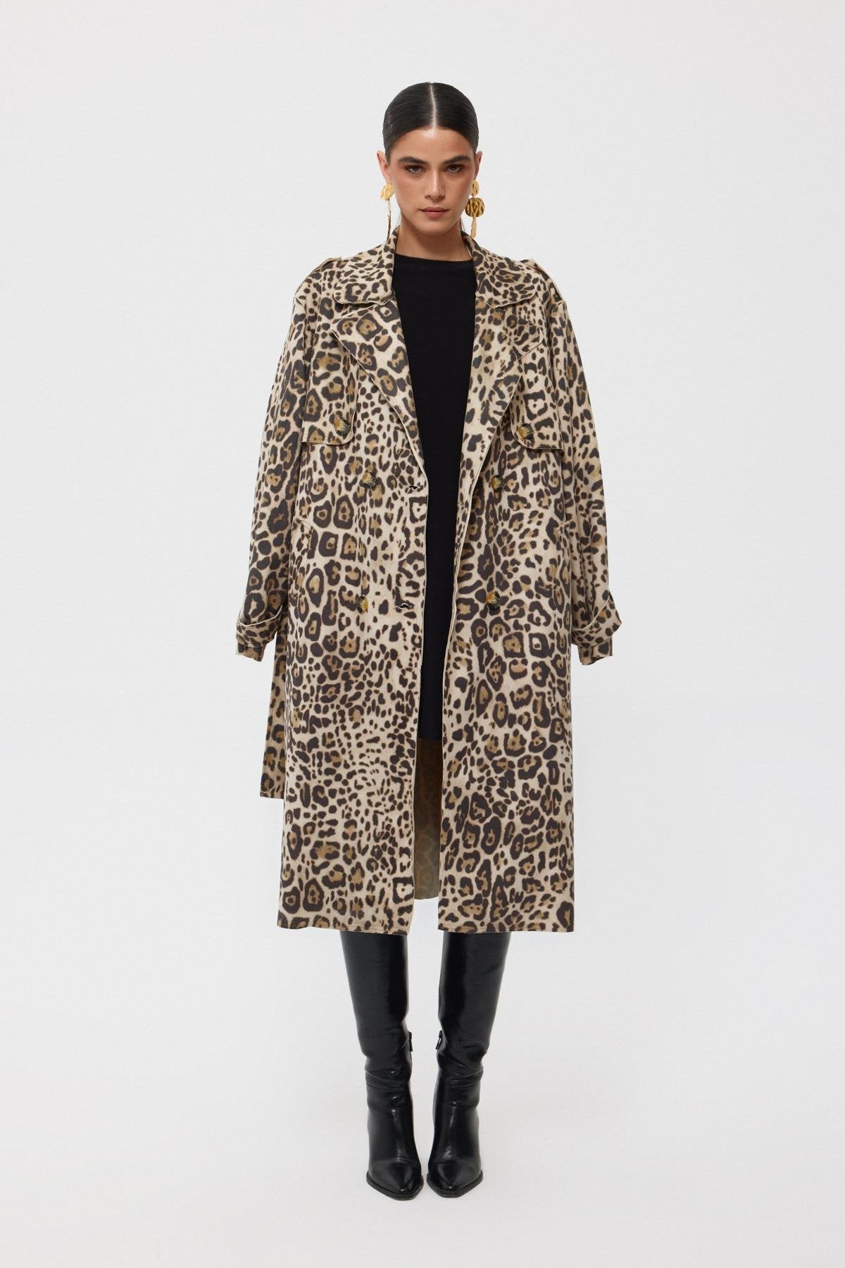 Cream Leopard Belted Back Slit Trench Coat - Lebbse