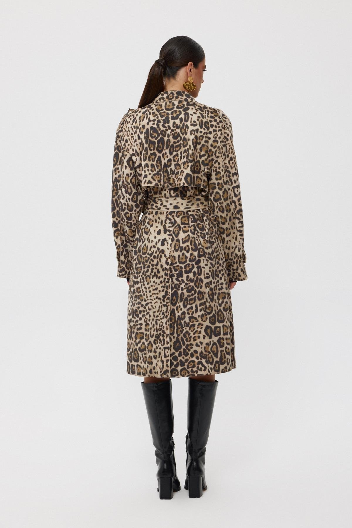 Cream Leopard Belted Back Slit Trench Coat - Lebbse