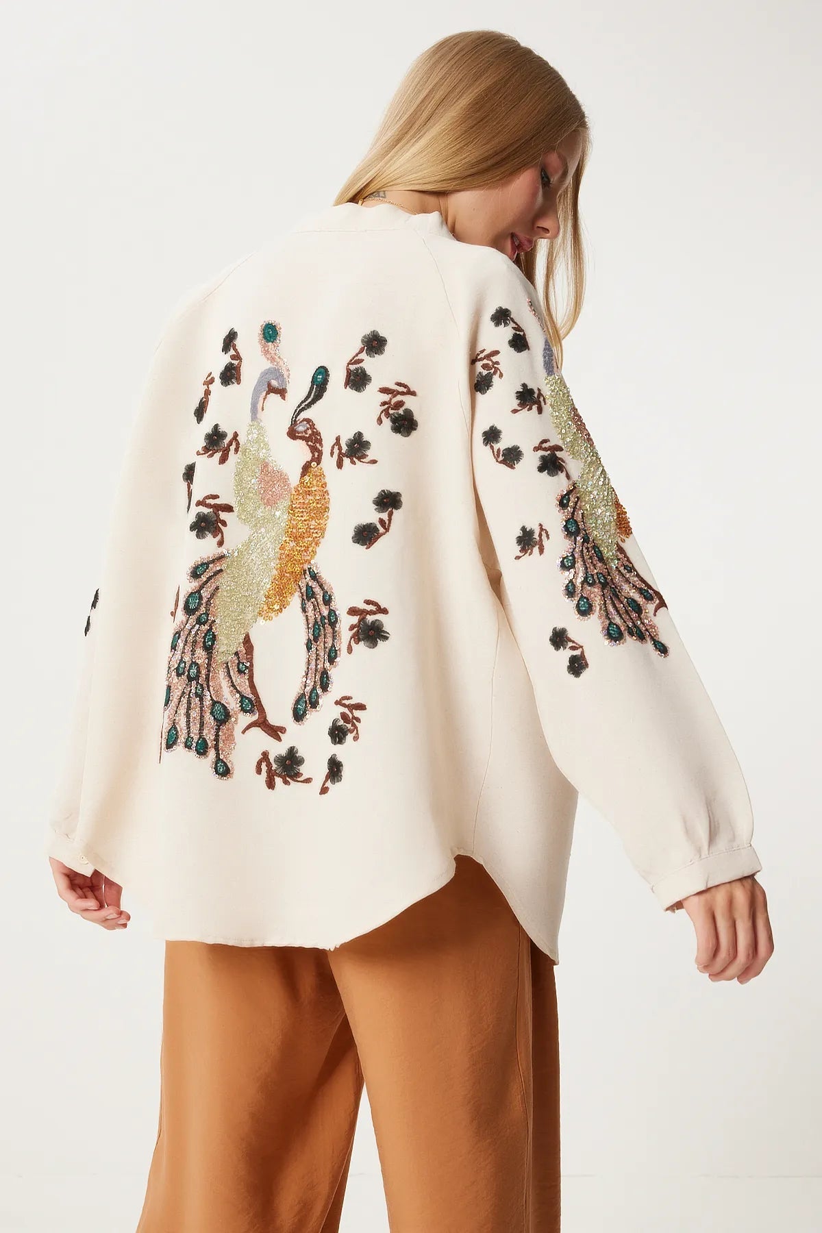 Cream Orange Embroidered Linen Kimono - Lebbse