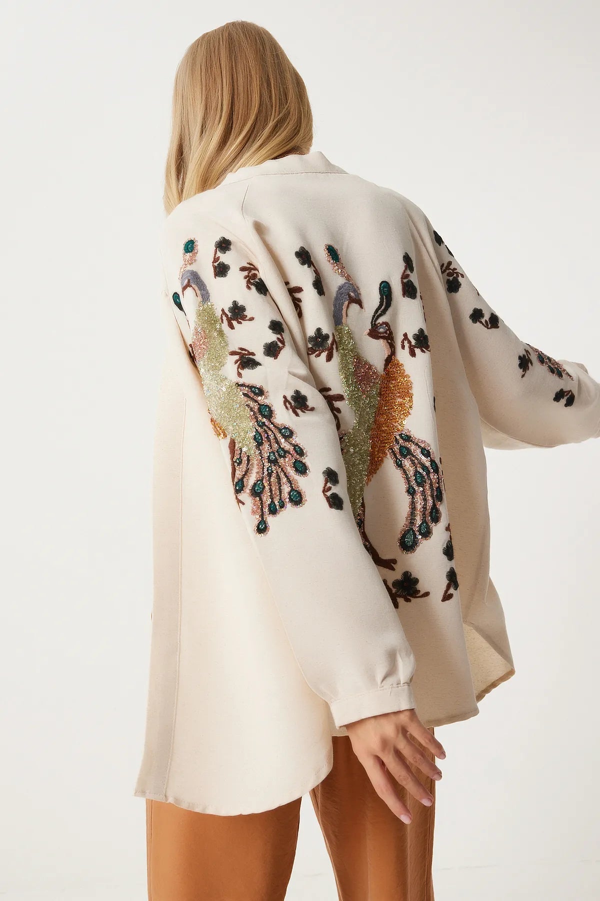 Cream Orange Embroidered Linen Kimono - Lebbse