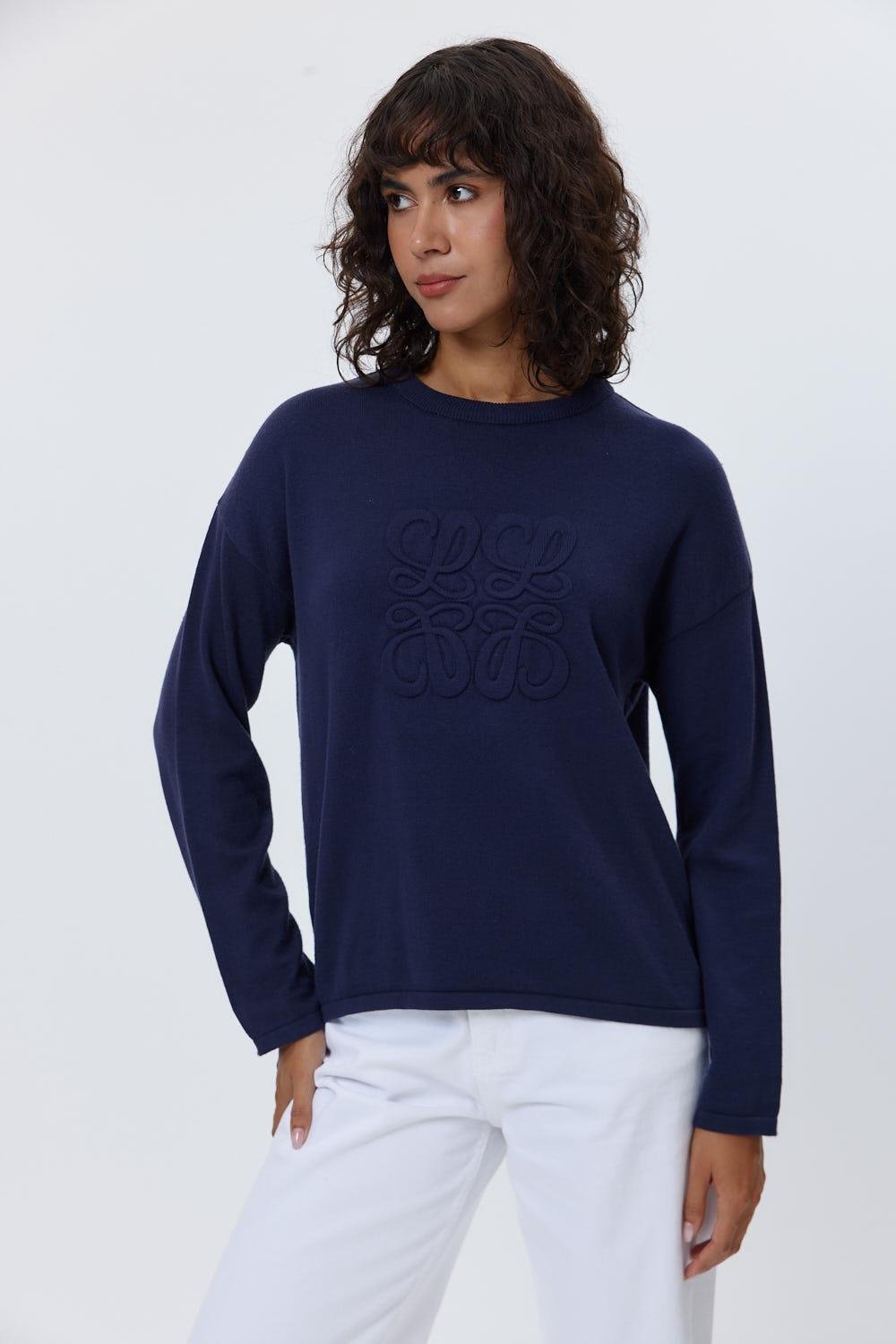 Crew Neck Basic Knitwear Navy Blue Women's Sweater - Lebbse