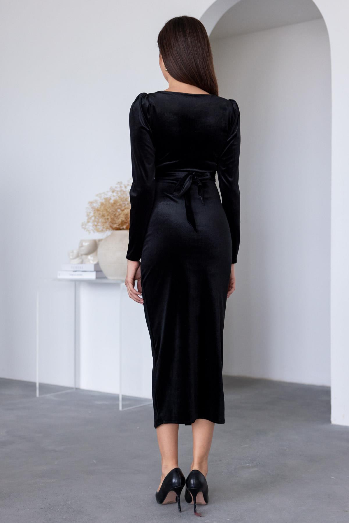 Belted Velvet Evening Dress - BLACK