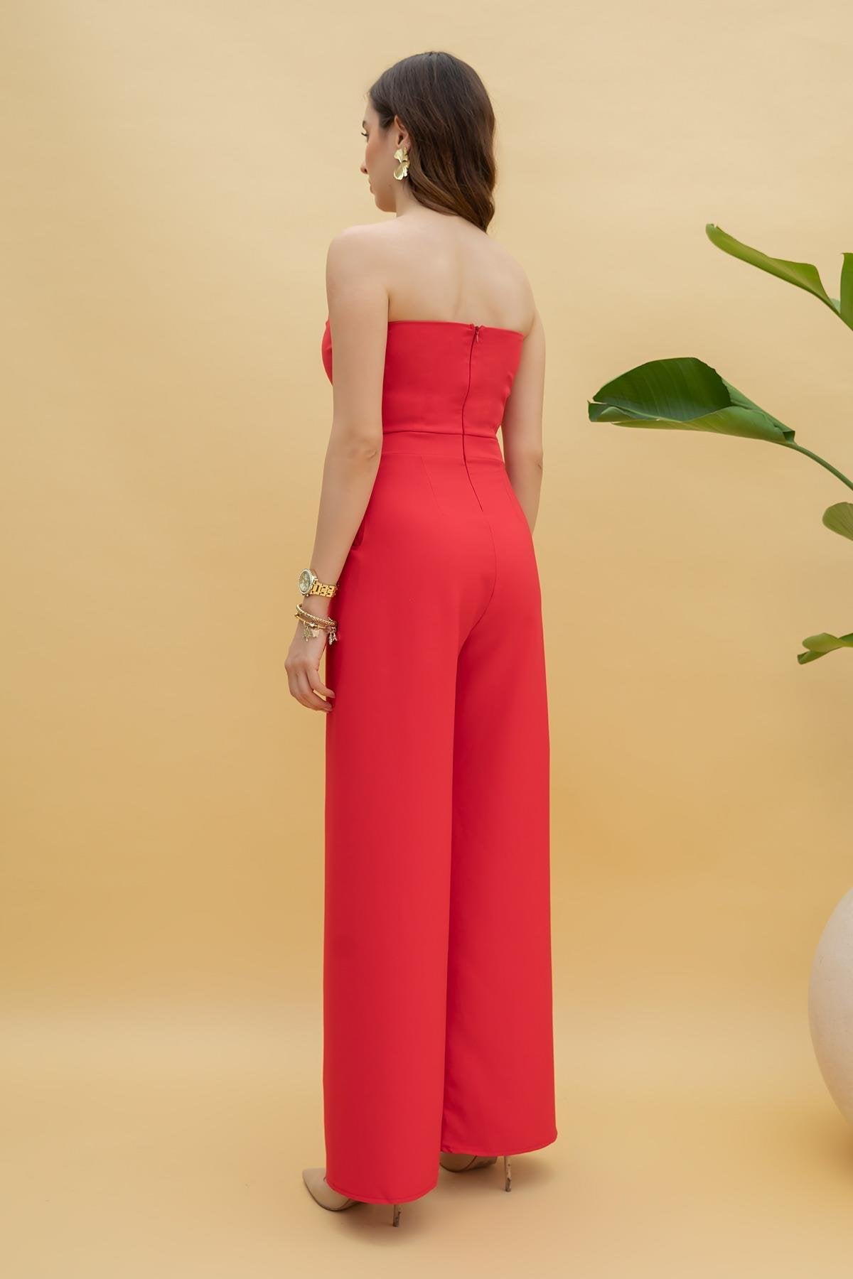 Collar Detailed Jumpsuit - RED
