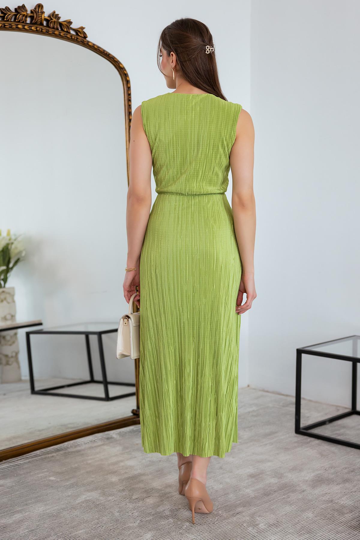 Double Breasted Crinkle Dress - OIL GREEN