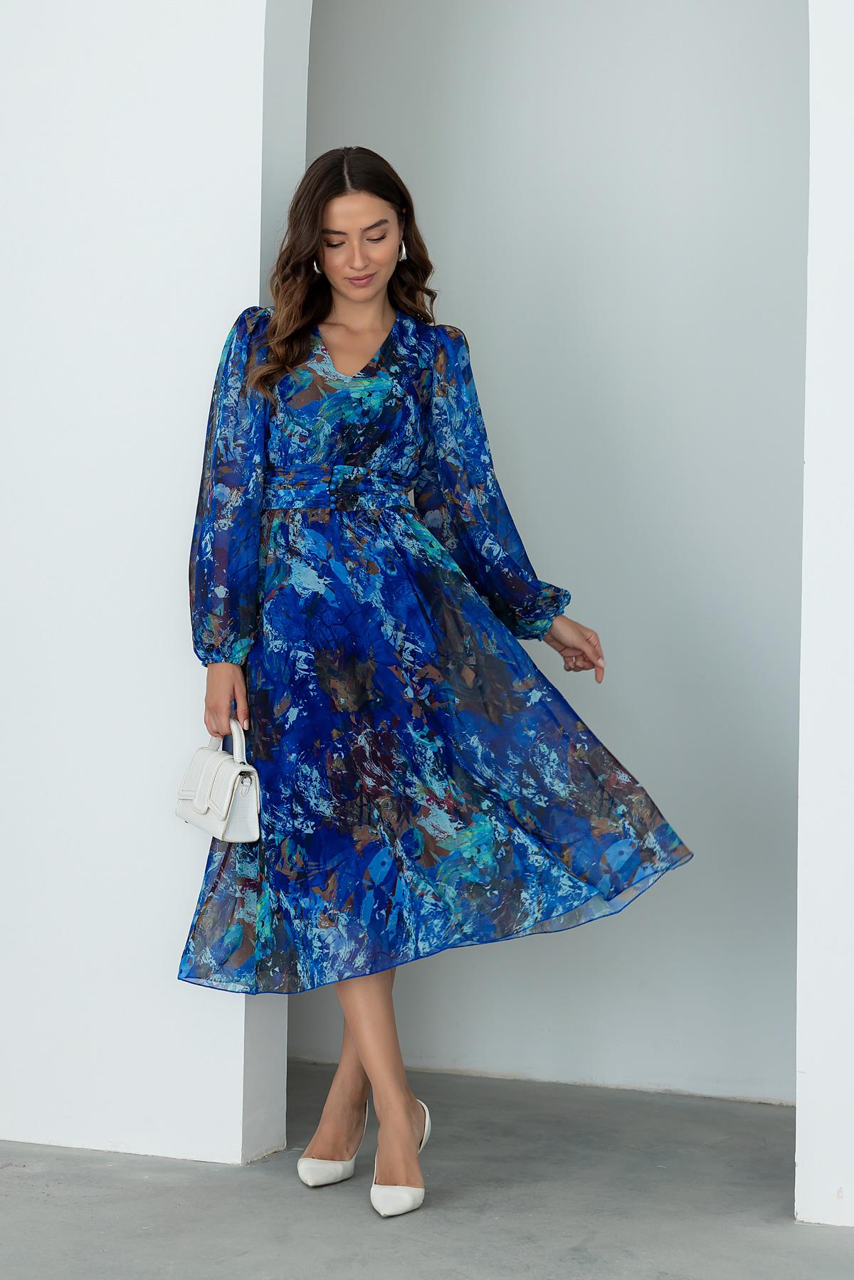 Chiffon Dress with Padded Shoulder - BLUE