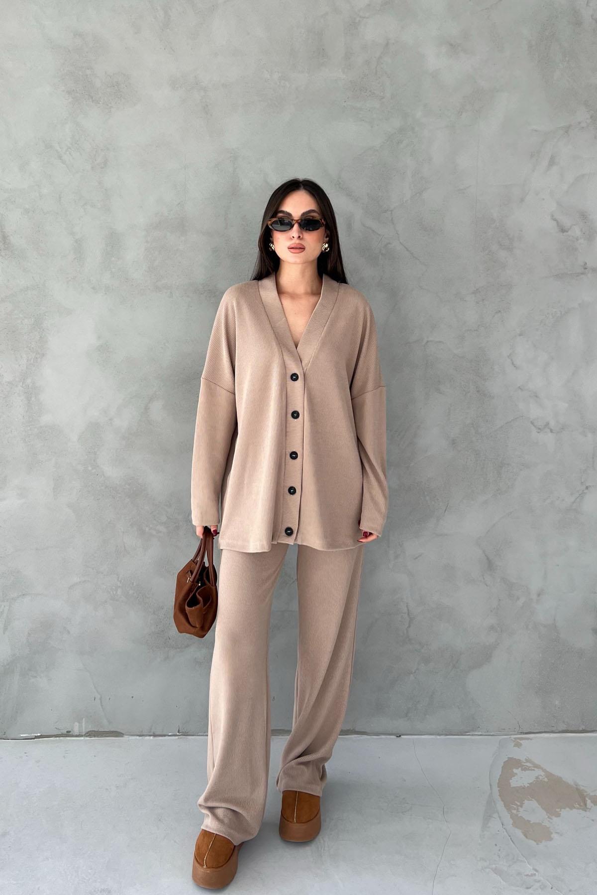 Mink Corduroy Buttoned Cardigan Trousers Set