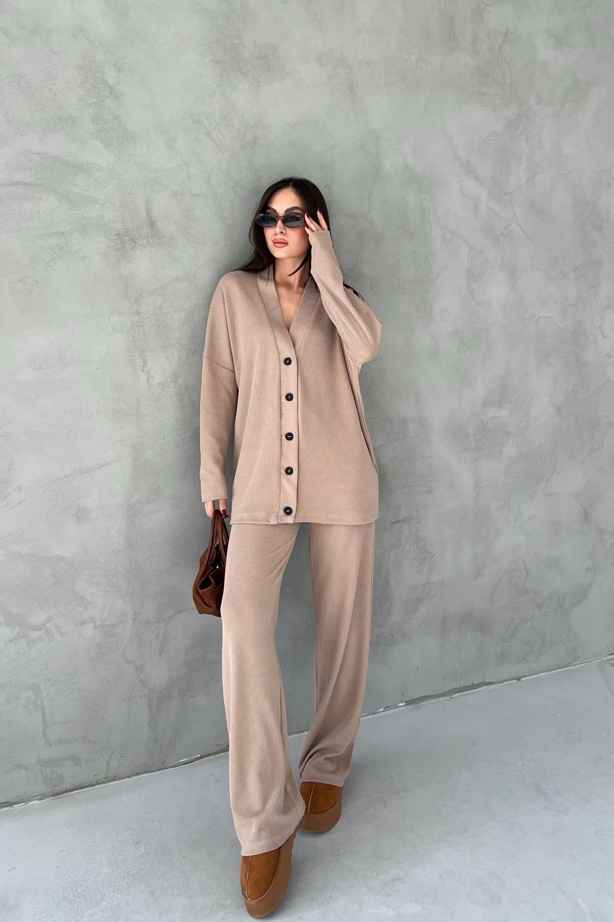 Mink Corduroy Buttoned Cardigan Trousers Set