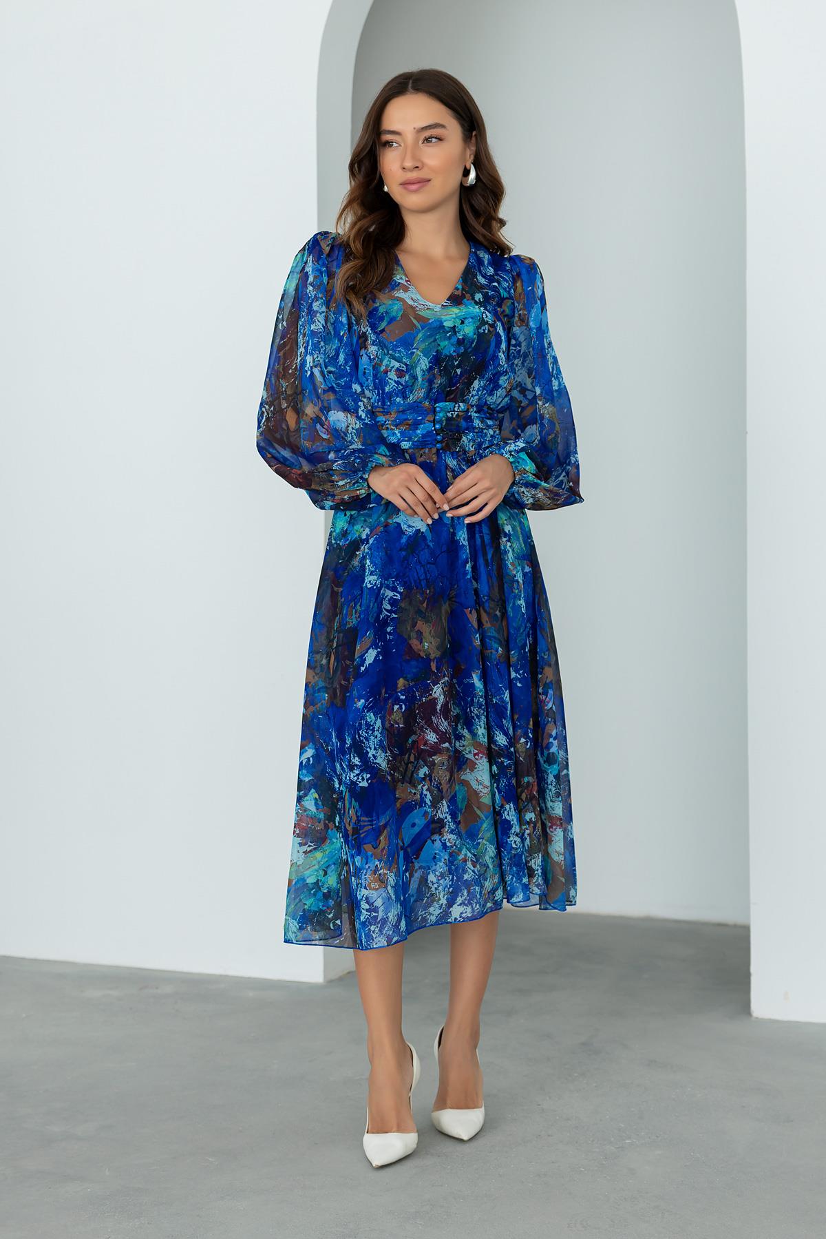 Chiffon Dress with Padded Shoulder - BLUE