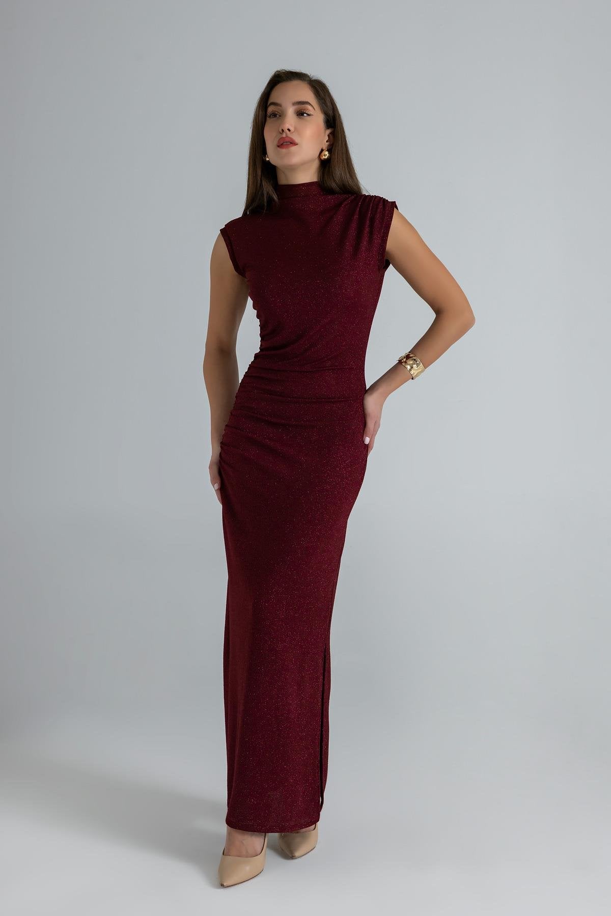 Glittery Pleated Dress - DARK RED