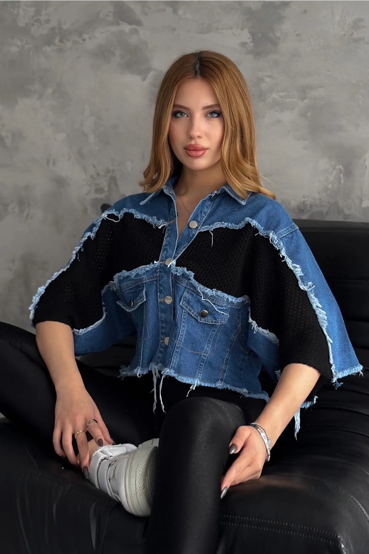 Women's Black Standard Size Pocket Detailed Knitted Mesh Short Denim Jacket